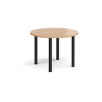 Round wooden table with black legs on a white background