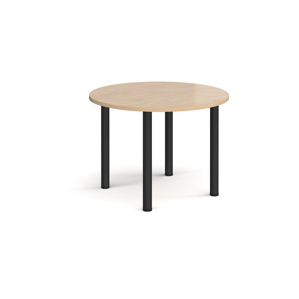 Round wooden table with black legs on a white background