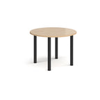 Round wooden table with black legs on a white background