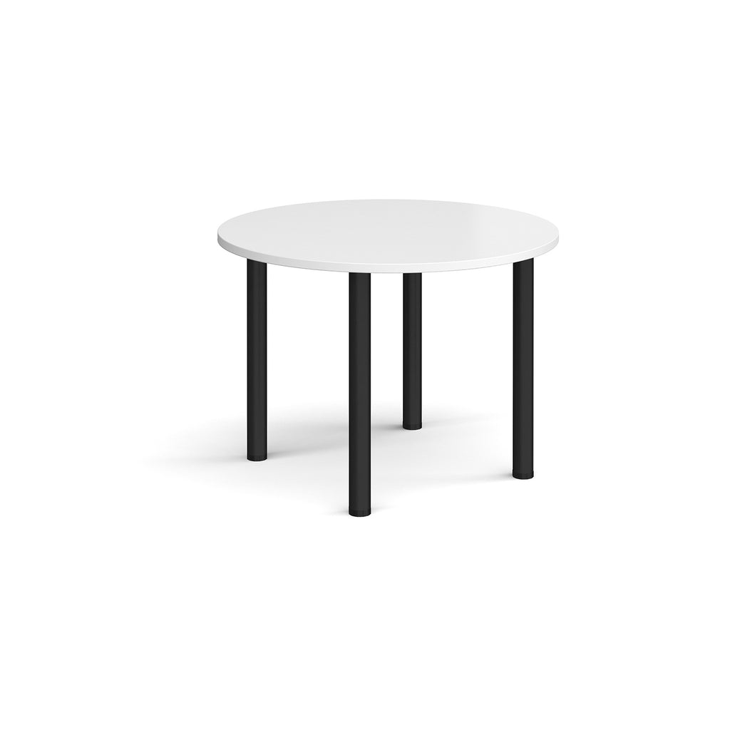 Round white table with black legs on a white background