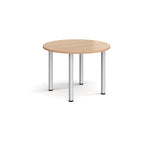 Round wooden table with metal legs on a white background