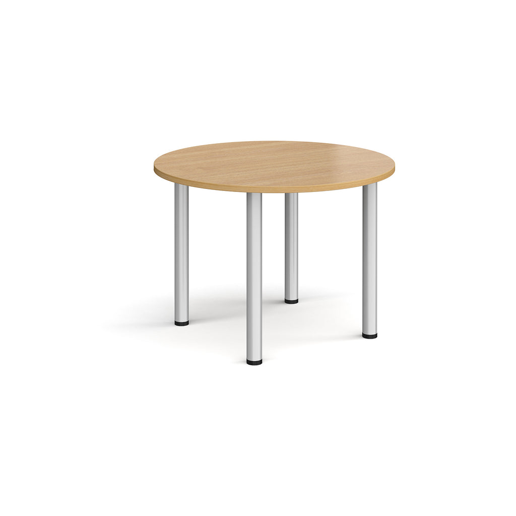 Round wooden table with metal legs on a white background
