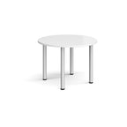 Round white table with metal legs on a white background
