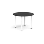 Round black table with white legs on a white background