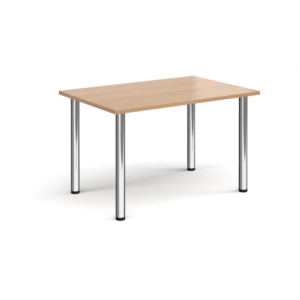 Rectangular table with wooden top and metal legs on a white background