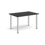 Rectangular black table with silver legs on a white background