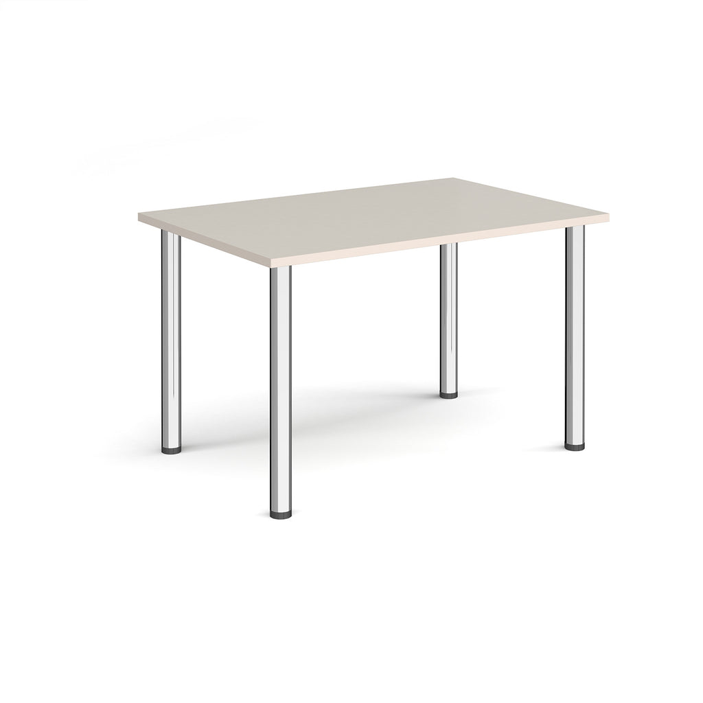 Rectangular table with a light wood top and metal legs on a white background