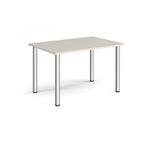 Rectangular table with a light wood top and metal legs on a white background