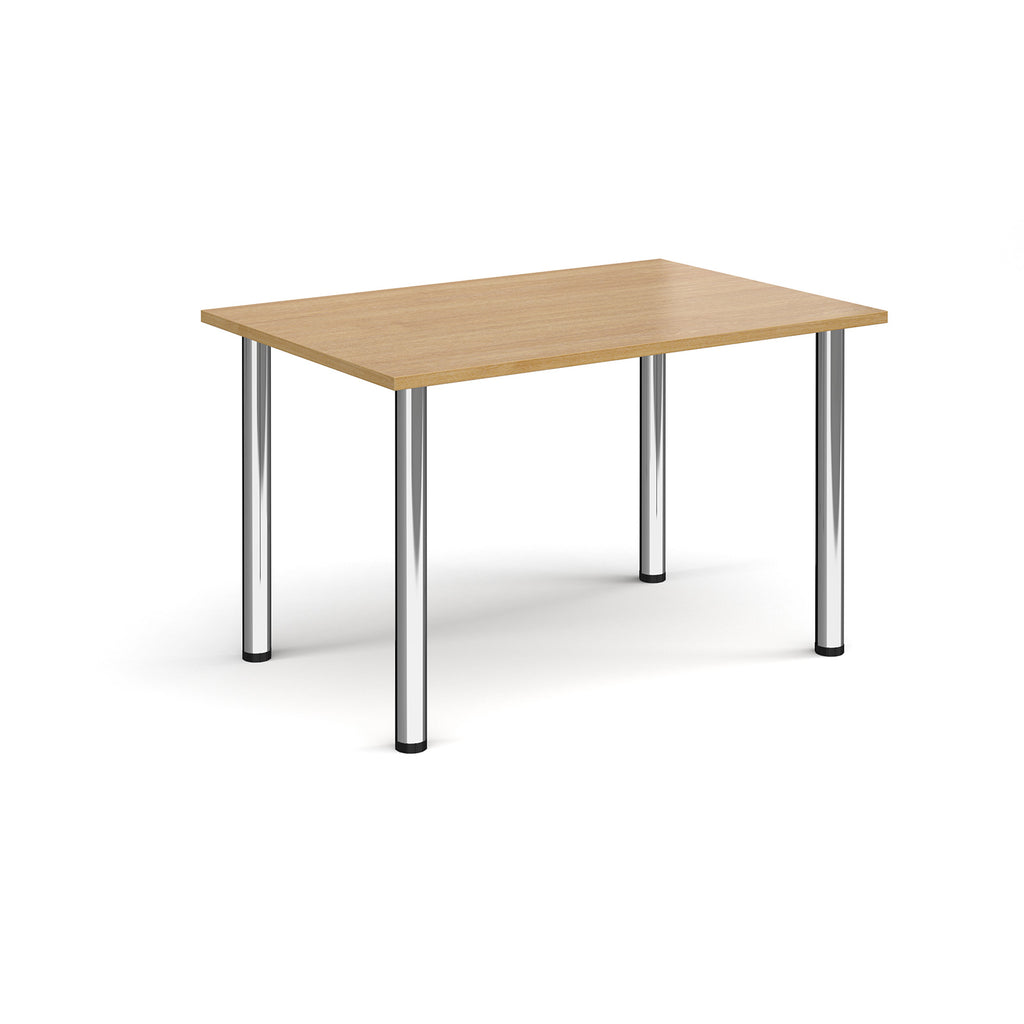 Rectangular table with wooden top and metal legs on a white background