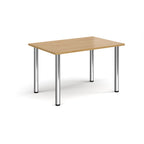 Rectangular table with wooden top and metal legs on a white background