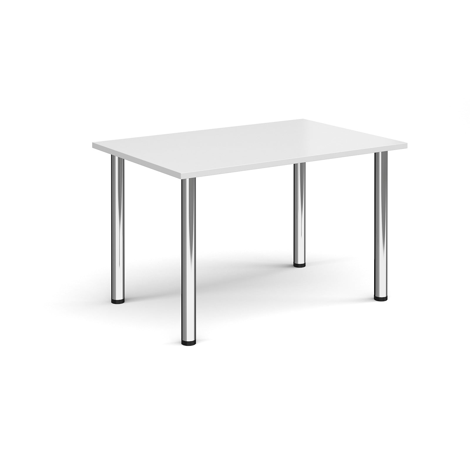 White rectangular table with chrome legs on a white background
