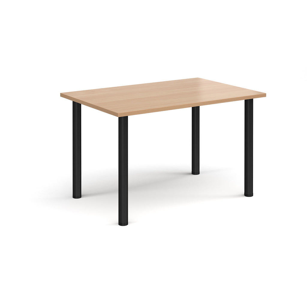 Rectangular table with a wooden top and black legs on a white background