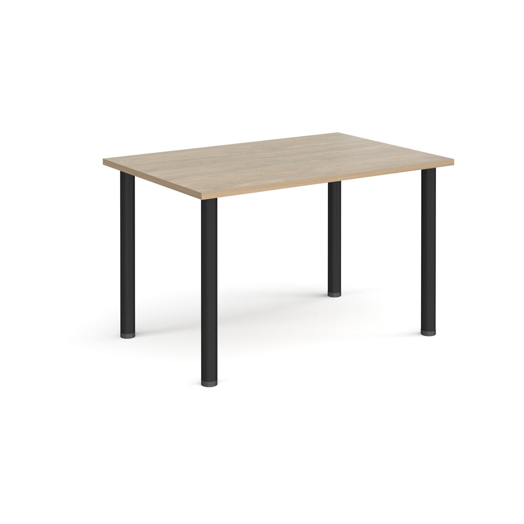 Rectangular table with a light wooden top and black metal legs on a white background