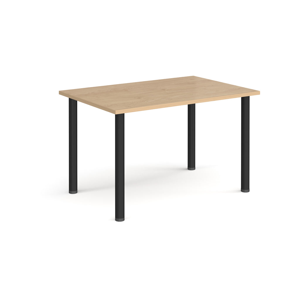 Rectangular table with a wooden top and black legs on a white background