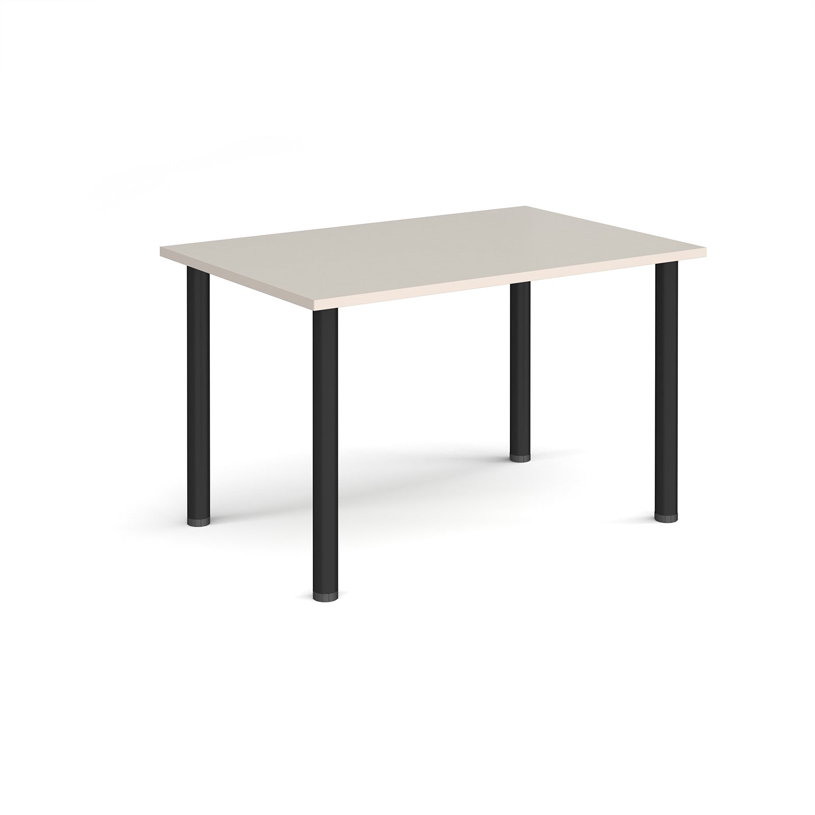Rectangular table with a light-colored top and black legs on a white background