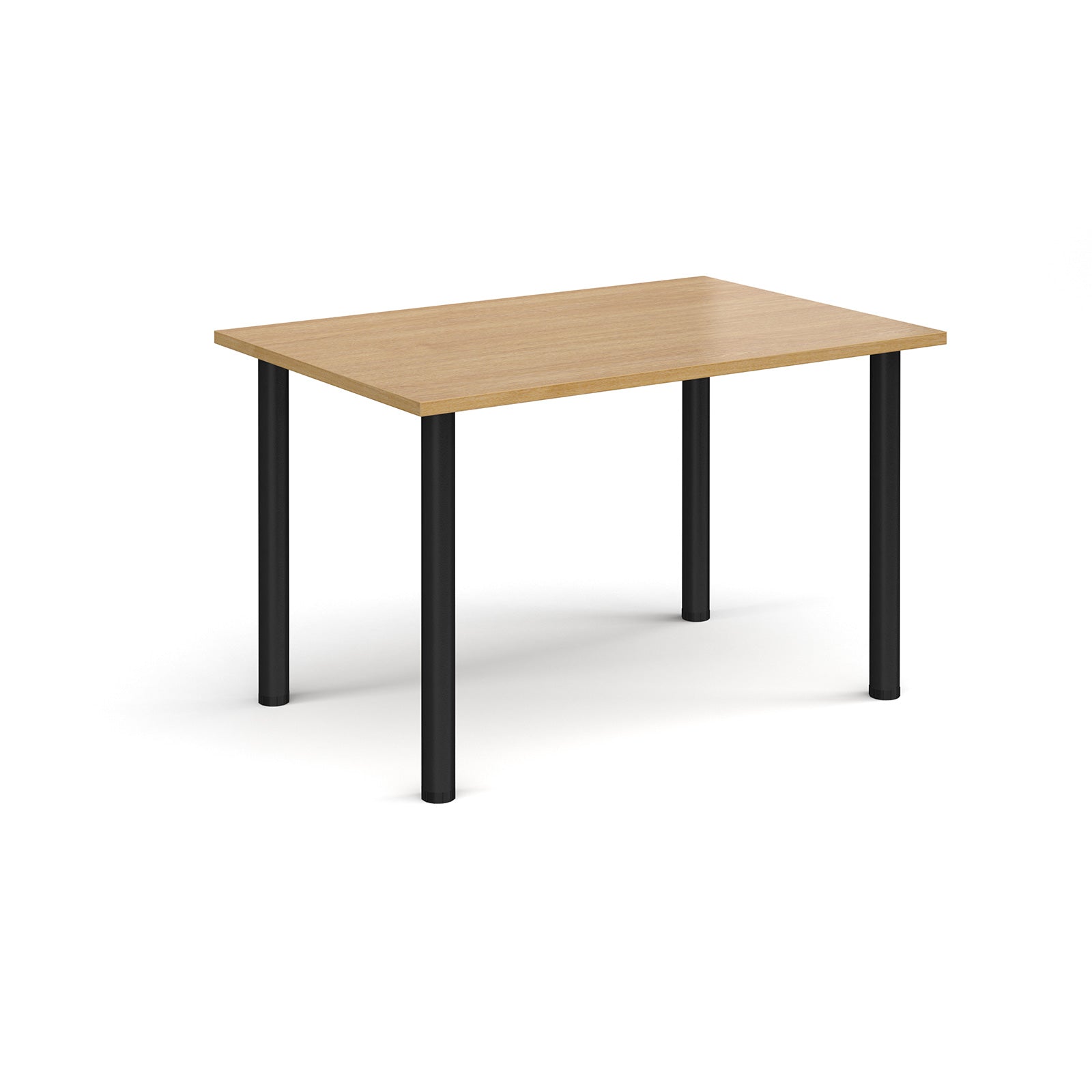 Rectangular table with wooden top and black legs on a white background