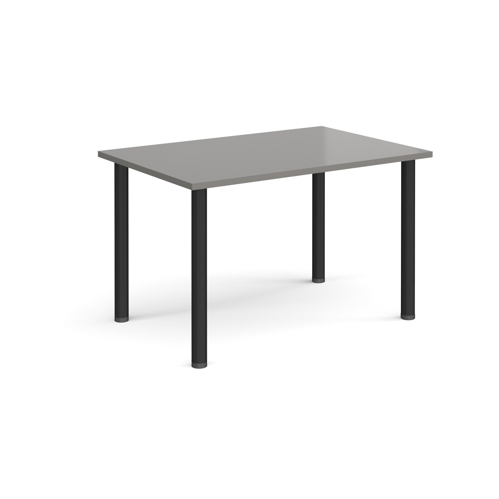 Rectangular table with grey top and black legs on a white background