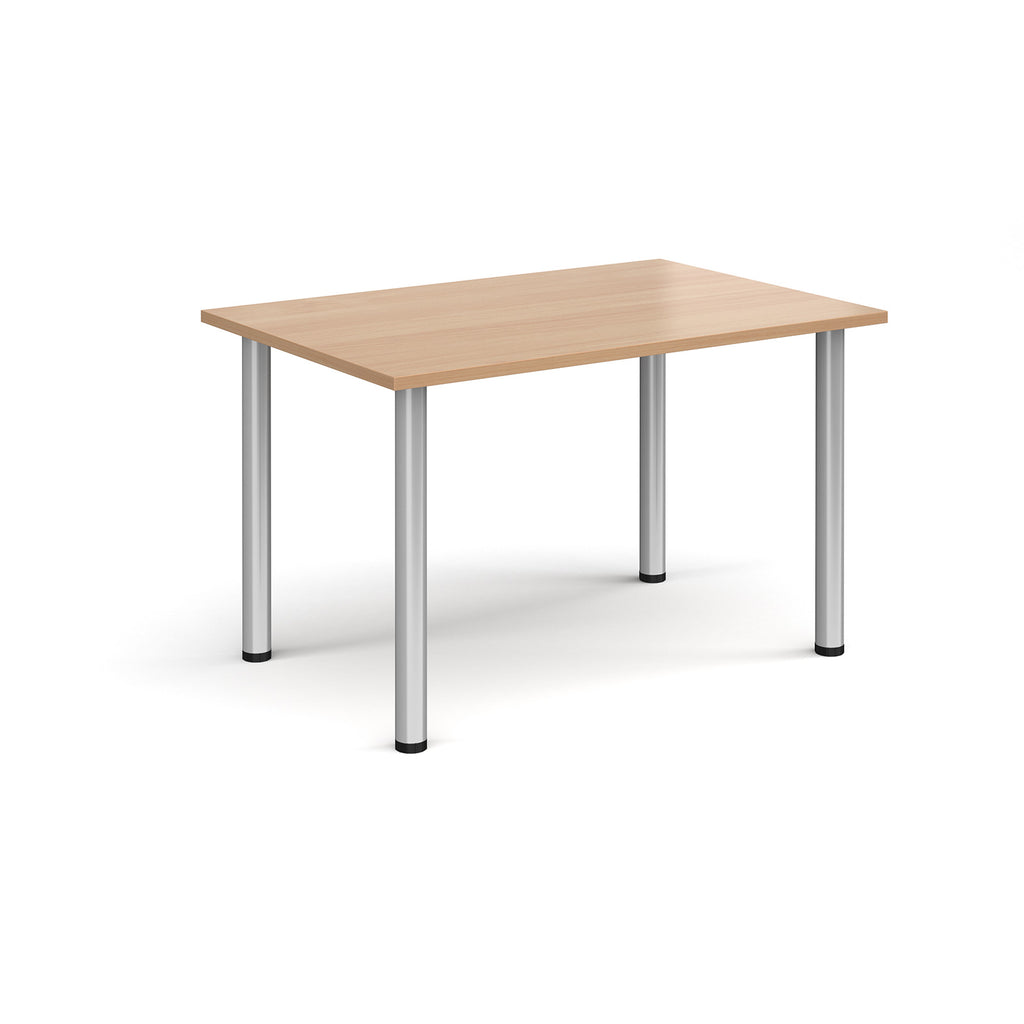 Rectangular table with wooden top and silver metal legs on a white background