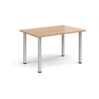 Rectangular table with wooden top and silver metal legs on a white background