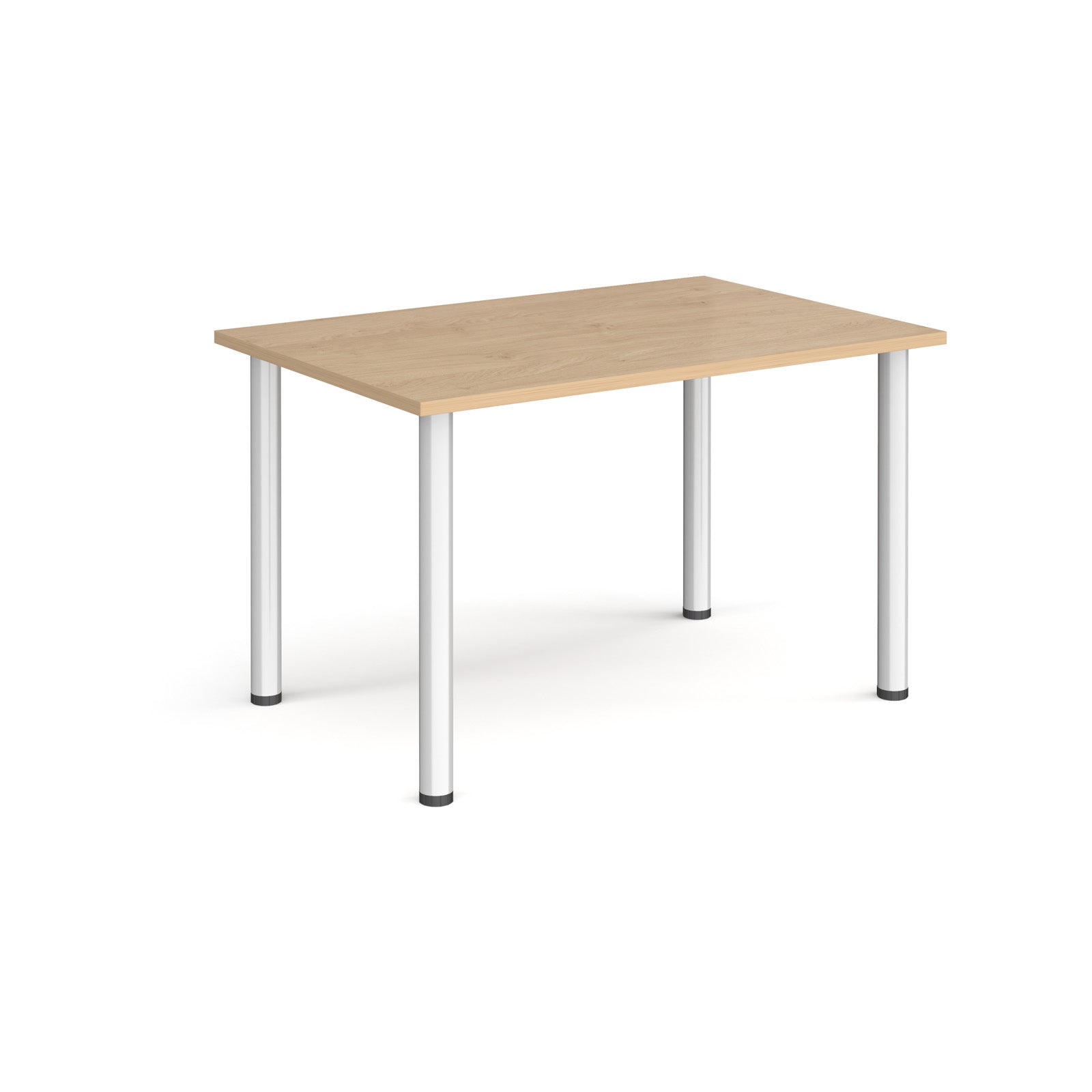 Rectangular table with wooden top and white metal legs on a white background