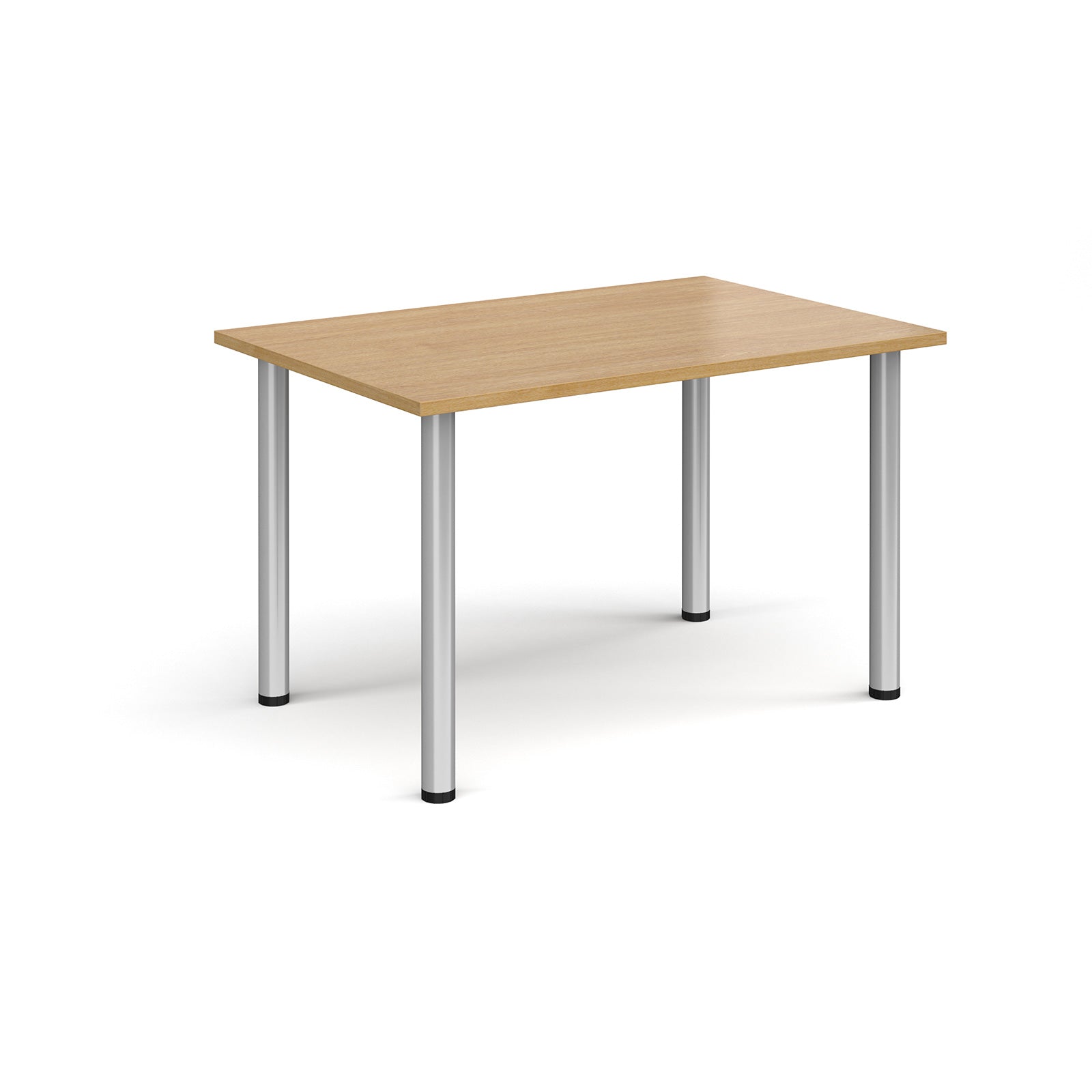 Rectangular wooden table with silver legs on a white background