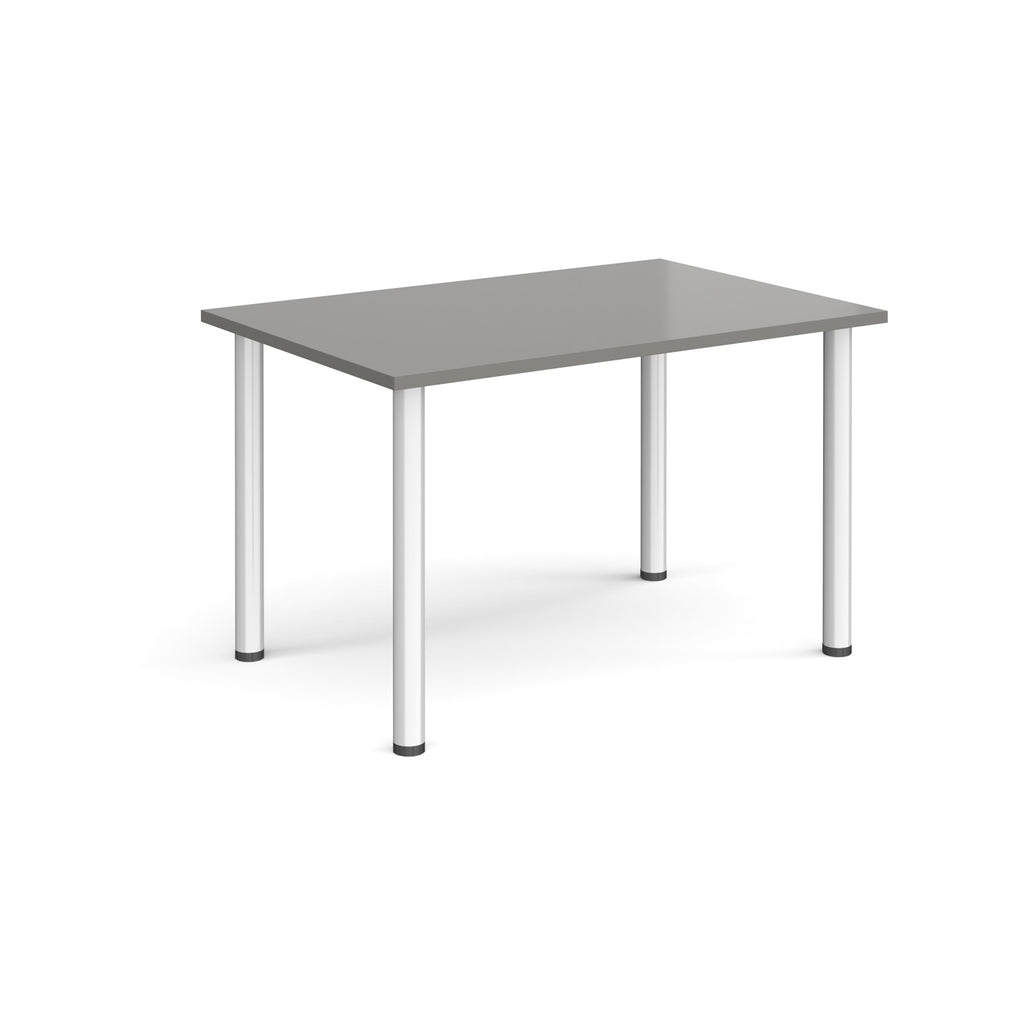 Rectangular table with grey top and white legs on a white background