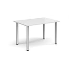 White rectangular table with silver legs on a white background