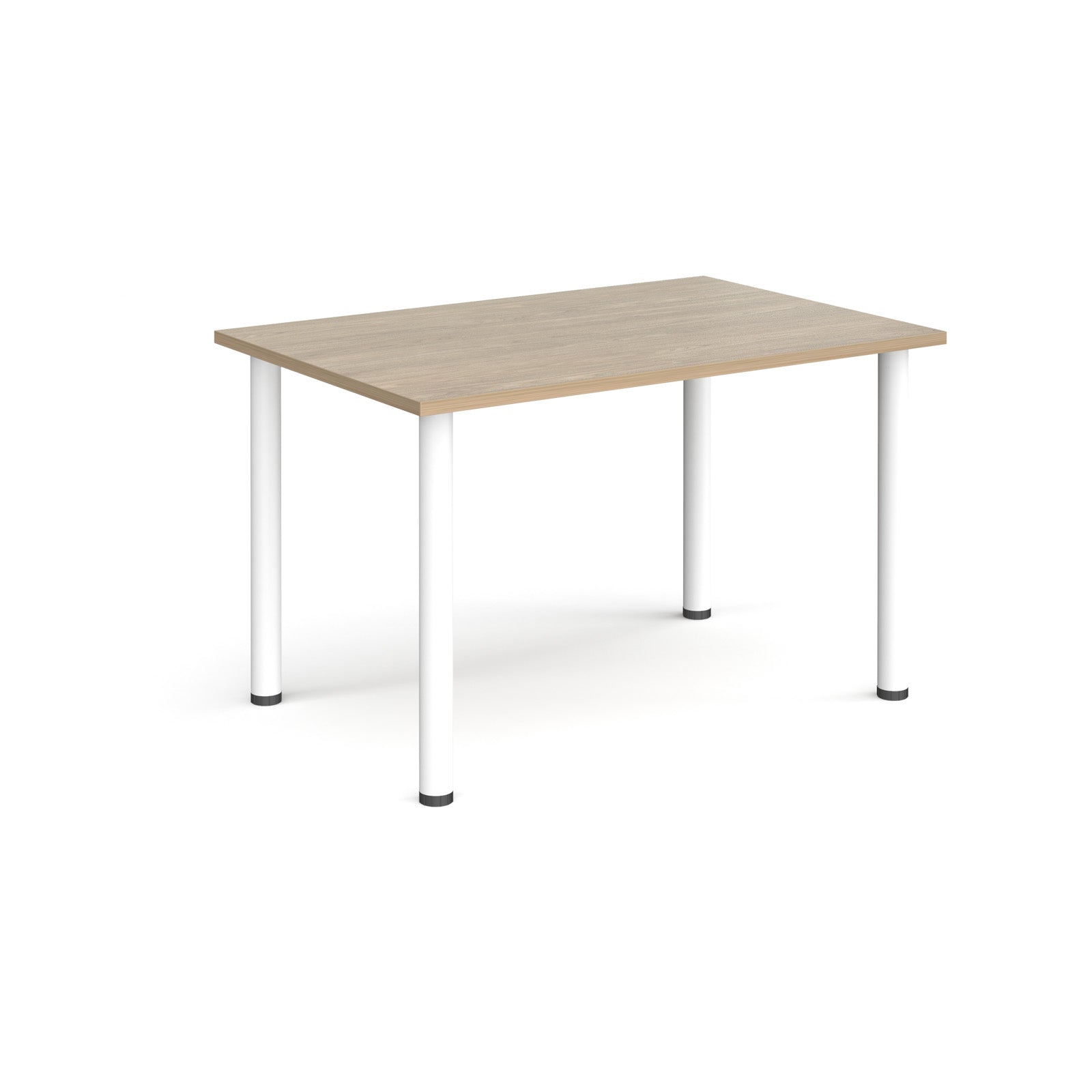Rectangular table with a wooden top and white metal legs on a white background