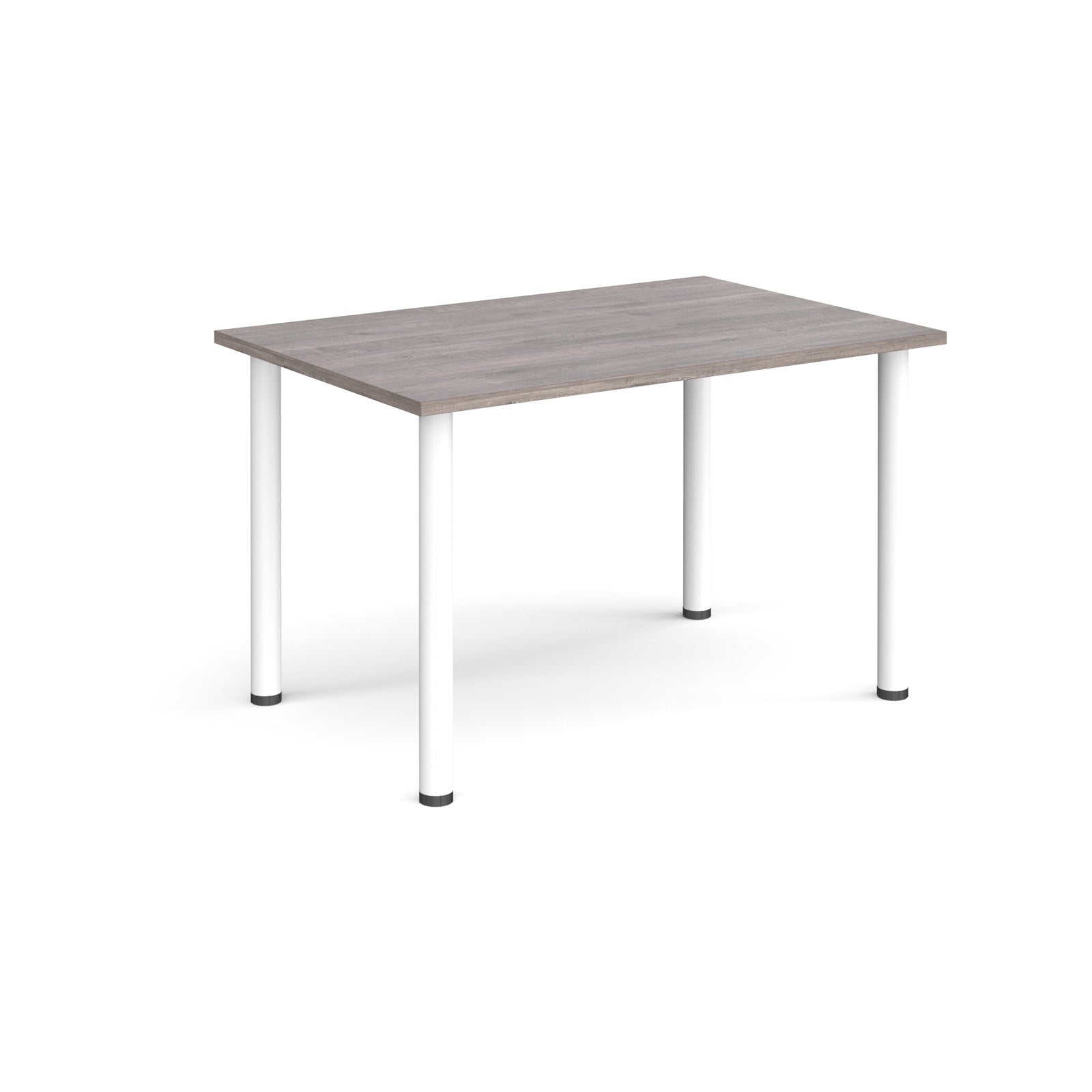 Rectangular table with a grey top and white legs on a white background