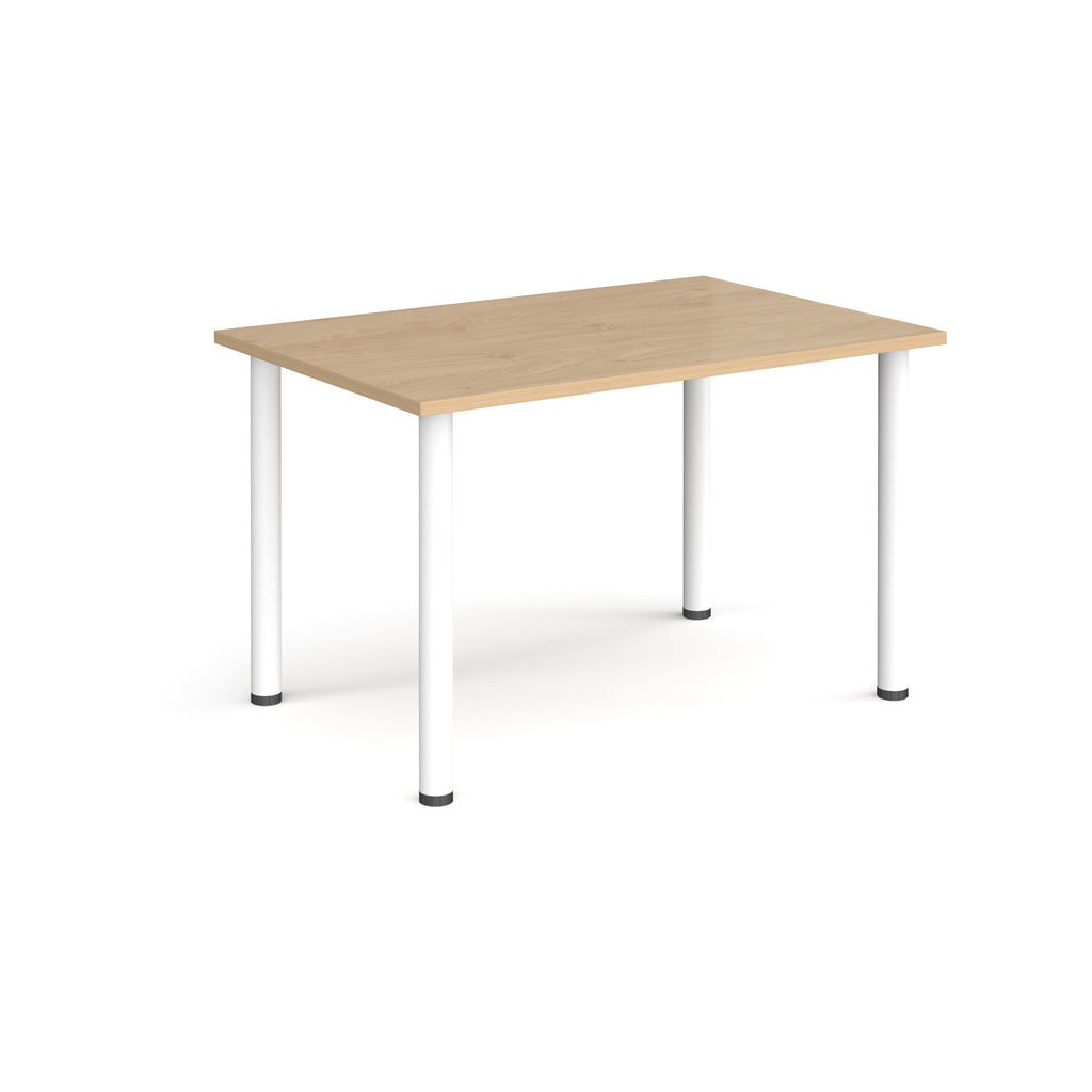 Rectangular table with a wooden top and white metal legs on a white background