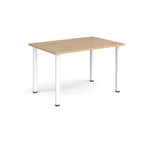 Rectangular table with a wooden top and white metal legs on a white background
