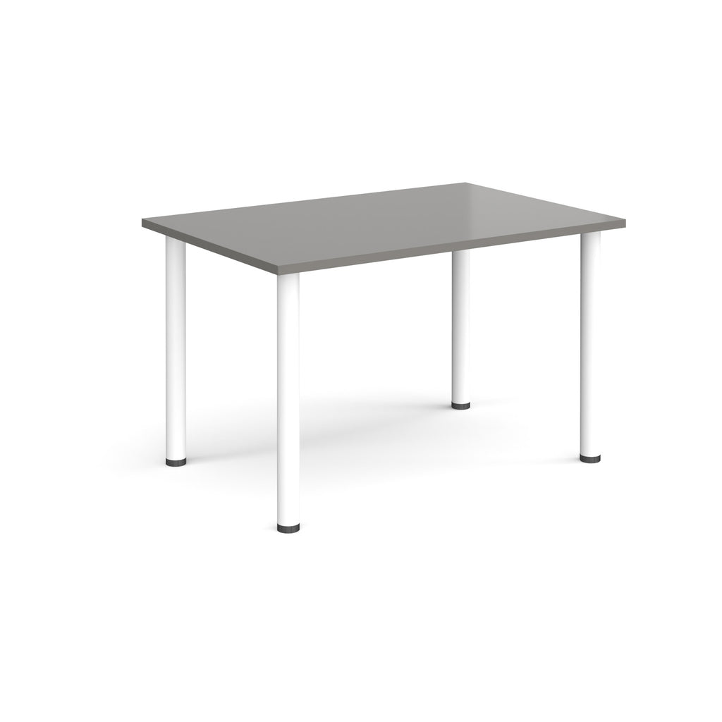 Rectangular table with grey top and white legs on a white background