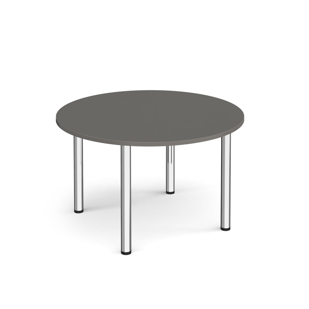 Round grey table with chrome legs on a white background