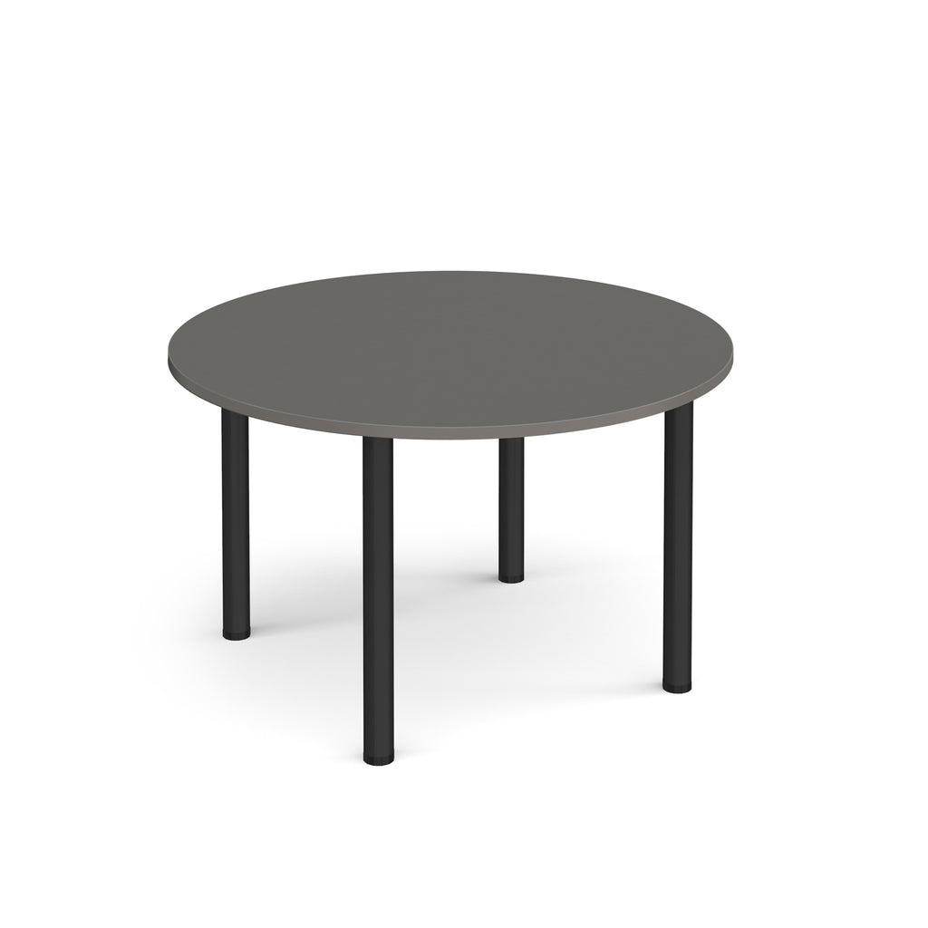Round grey table with black legs on a white background
