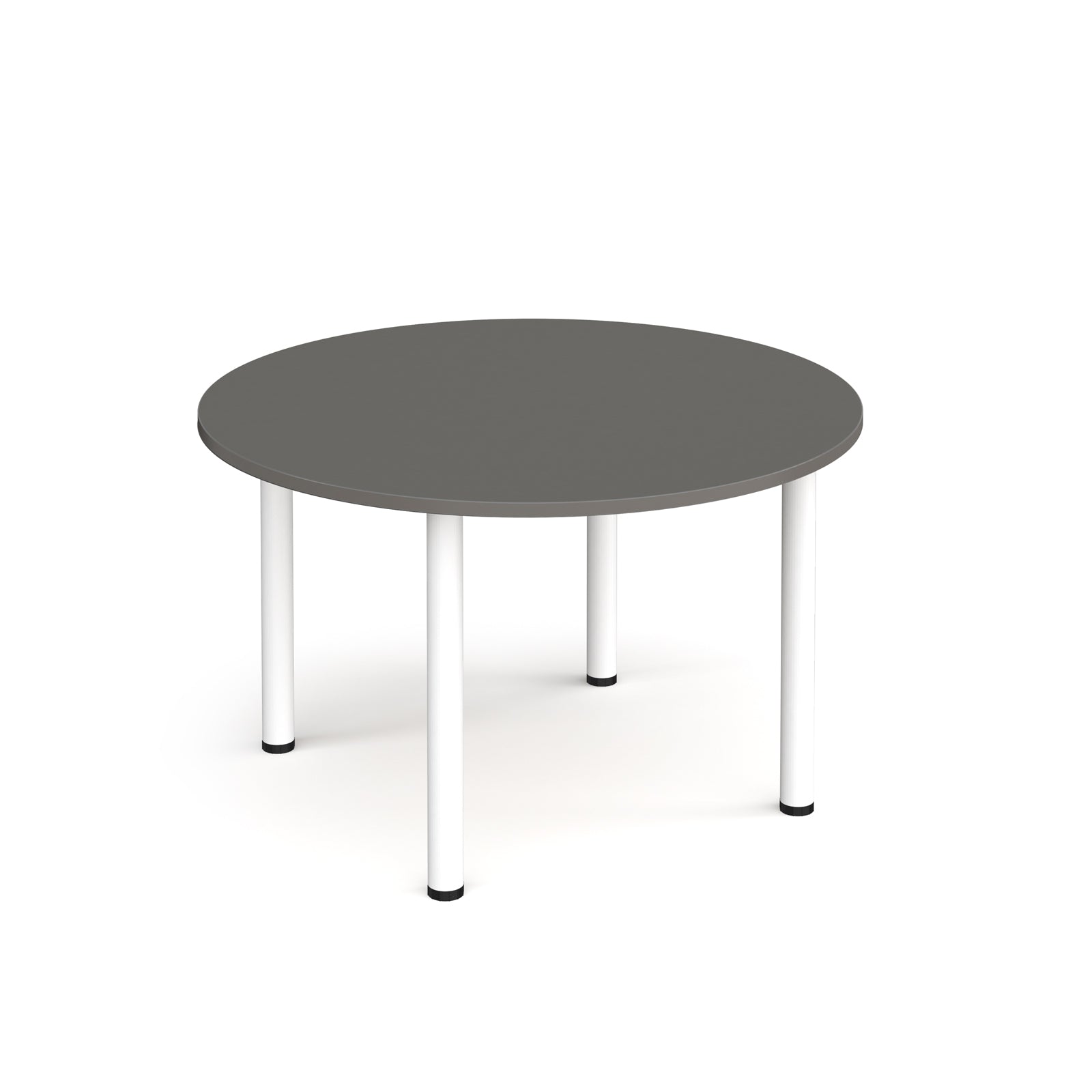 Round grey table with white legs on a white background