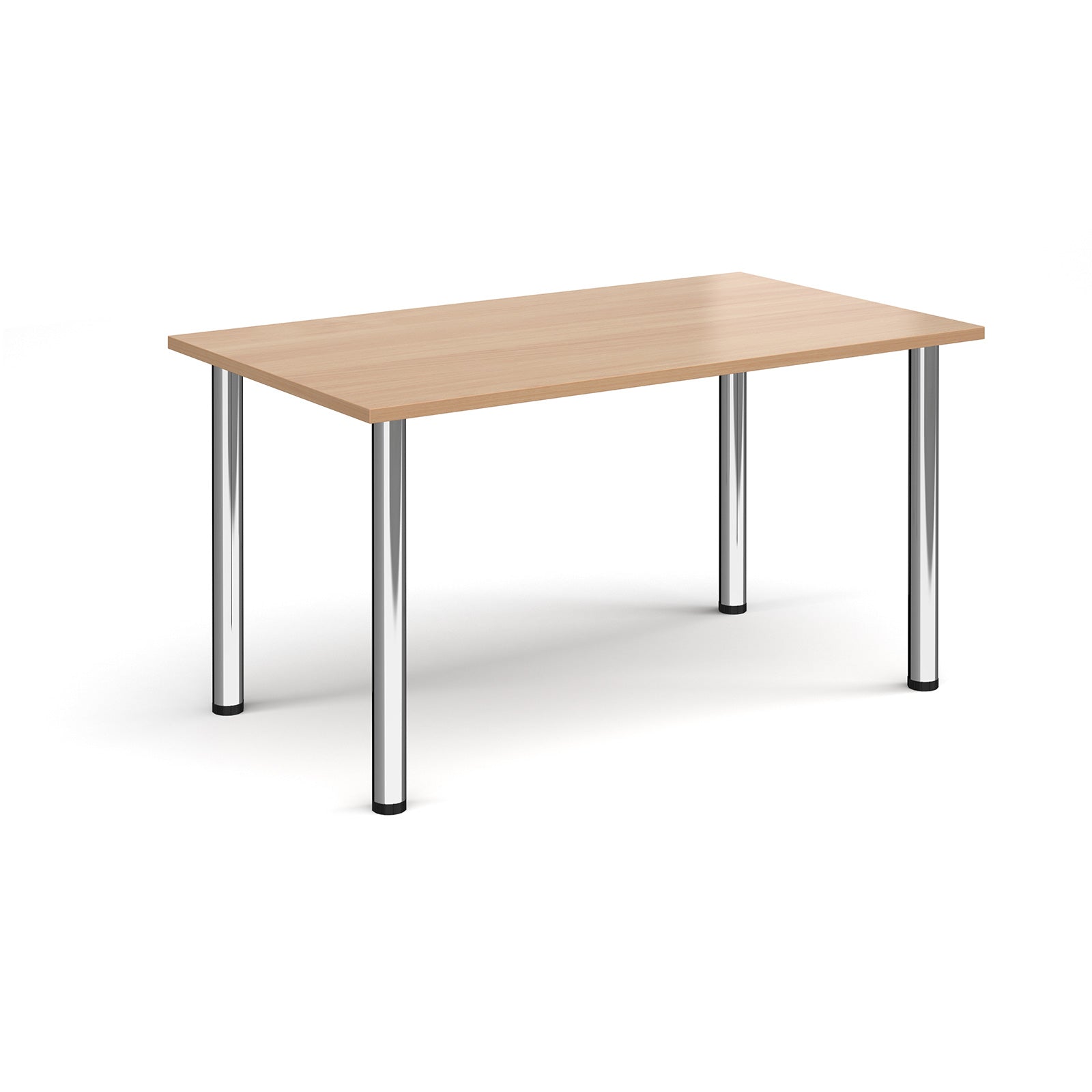 Rectangular table with wood-effect top and metal legs on a white background