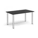 Black rectangular table with chrome legs on a white background