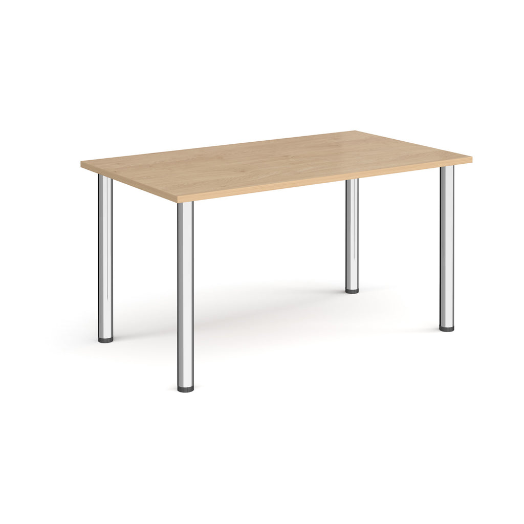 Rectangular table with wood-effect top and metal legs on a white background