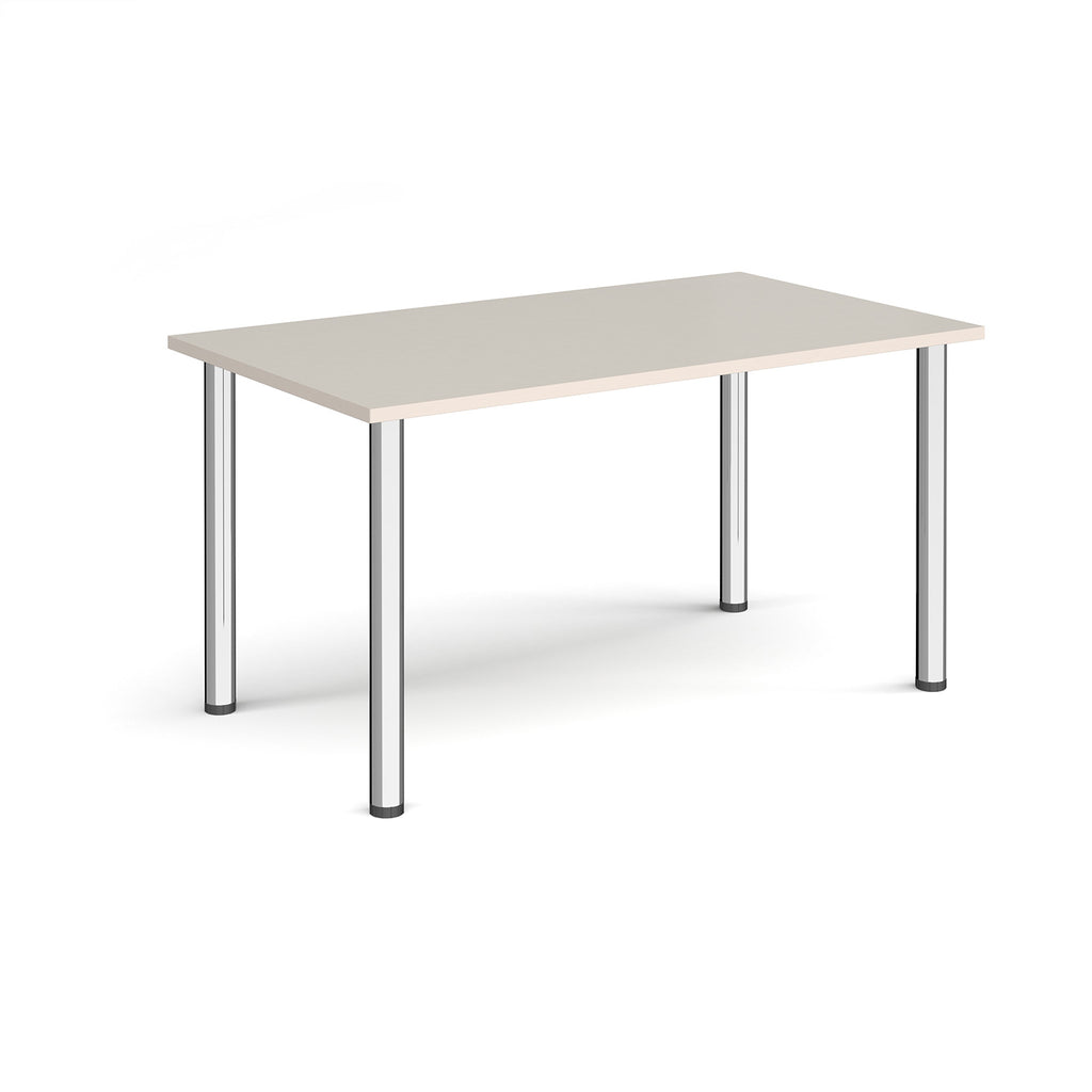 Rectangular table with light-grey top and metal legs on a white background