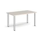 Rectangular table with light-grey top and metal legs on a white background