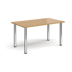 Rectangular table with wood-effect top and metal legs on a white background