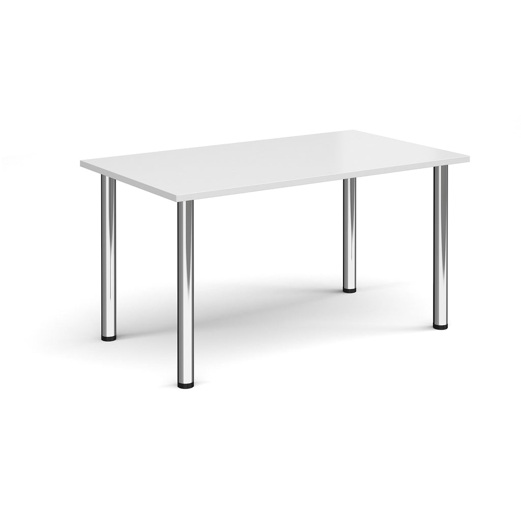 White rectangular table with chrome legs on a white background
