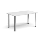 White rectangular table with chrome legs on a white background