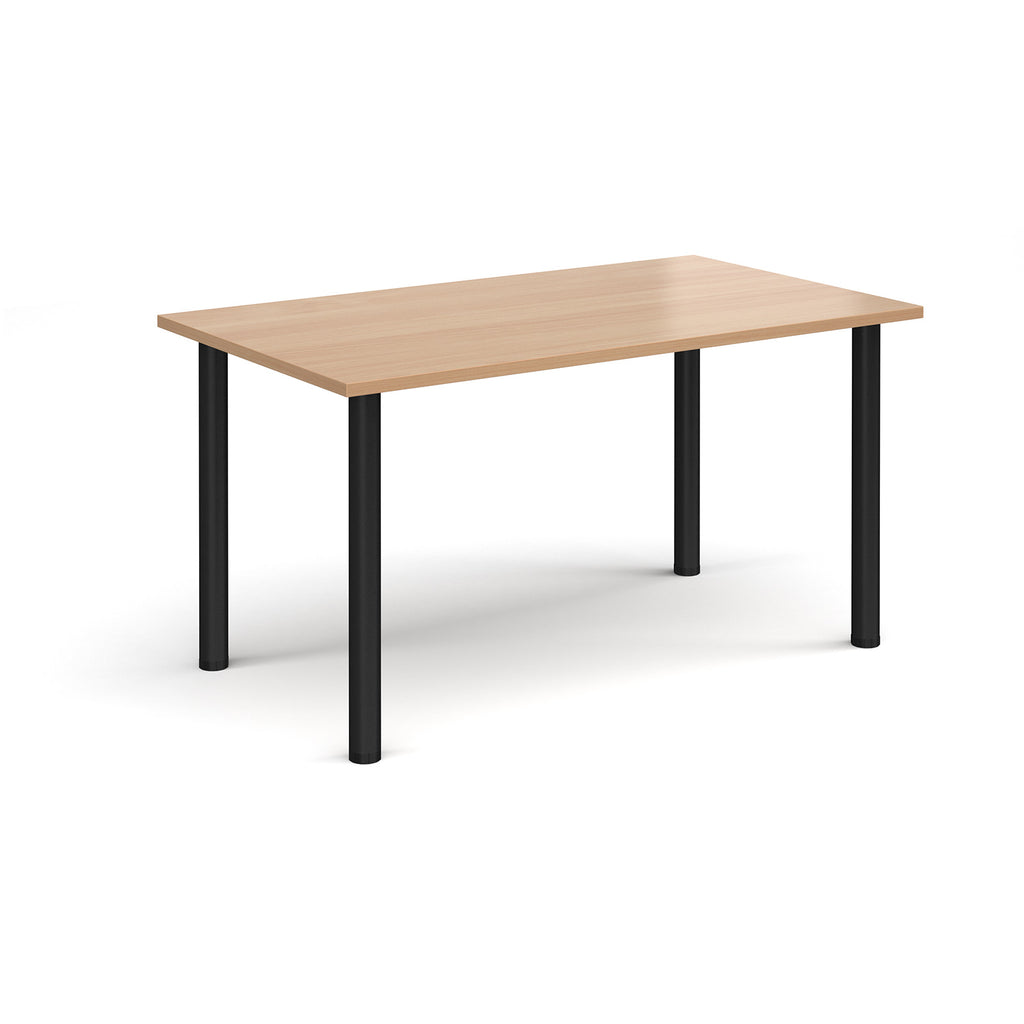 Rectangular table with wood-effect top and black legs on a white background