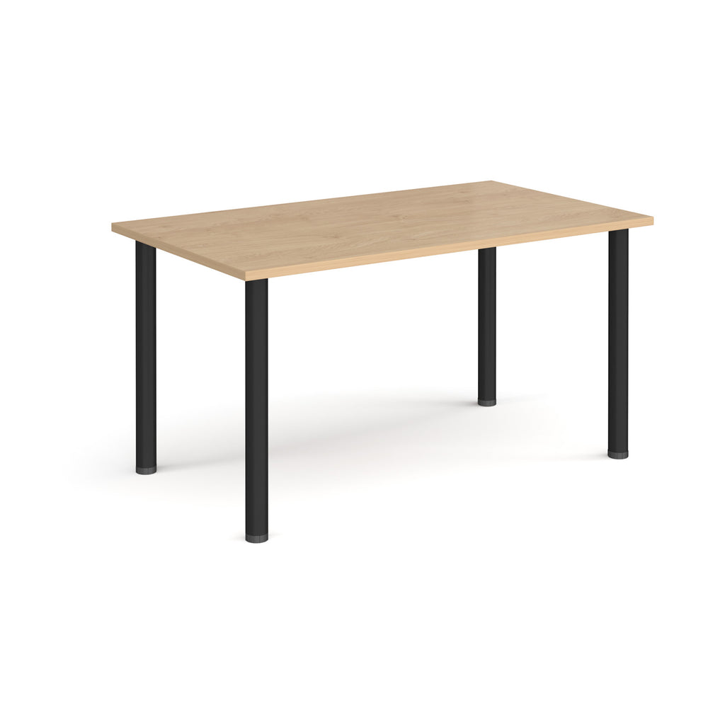 Rectangular table with a wood-effect top and black legs on a white background