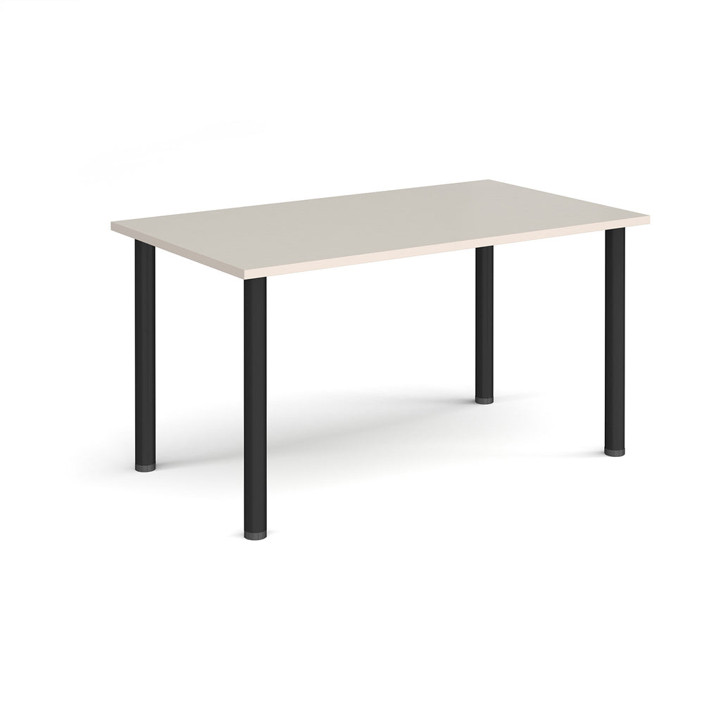 Rectangular table with a light grey top and black legs on a white background