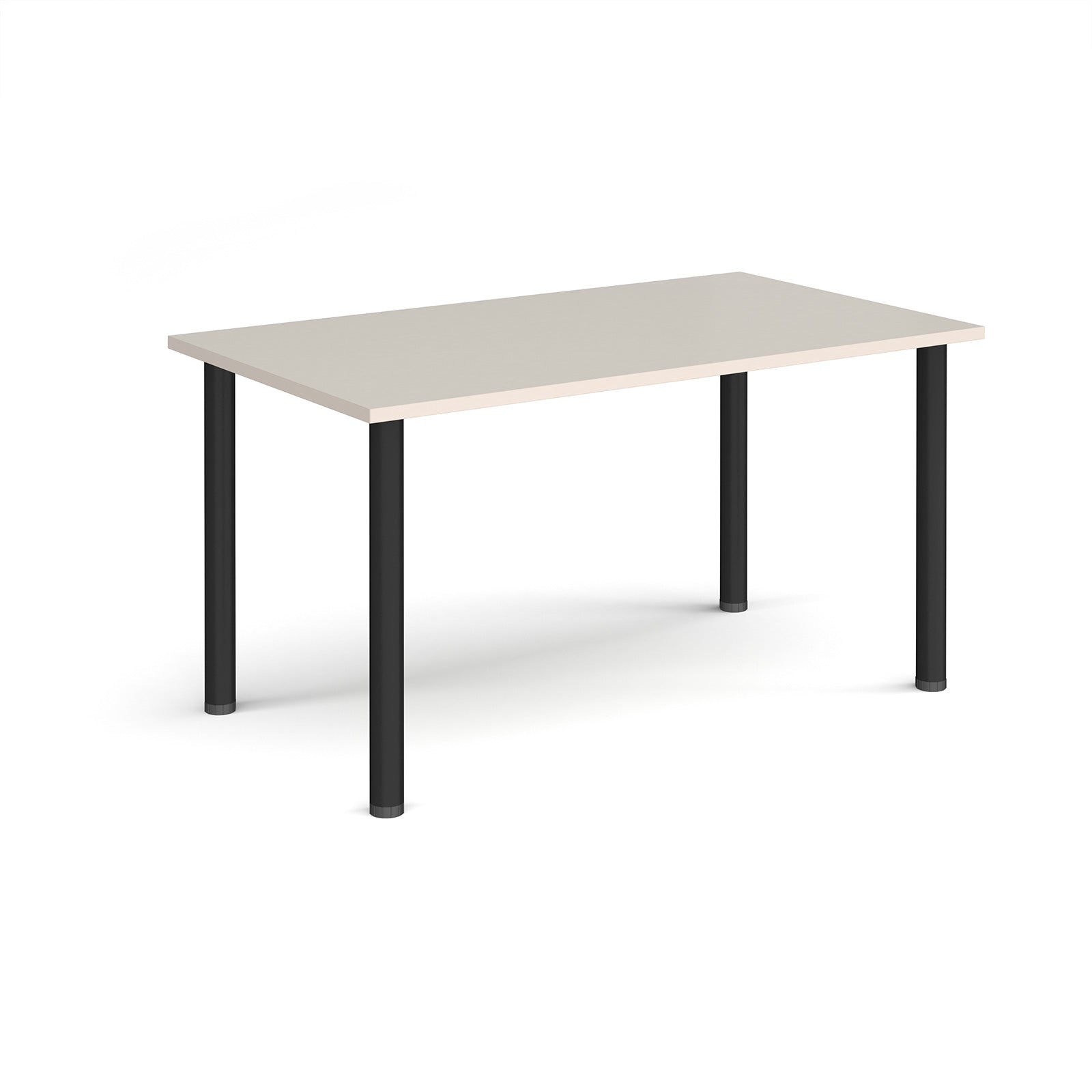 Rectangular table with a light grey top and black legs on a white background