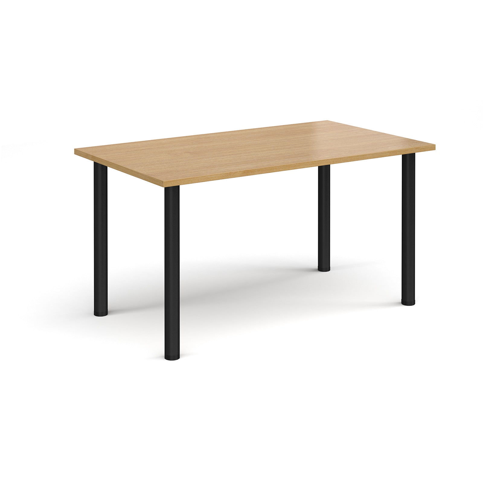Rectangular table with wood-effect top and black legs on a white background