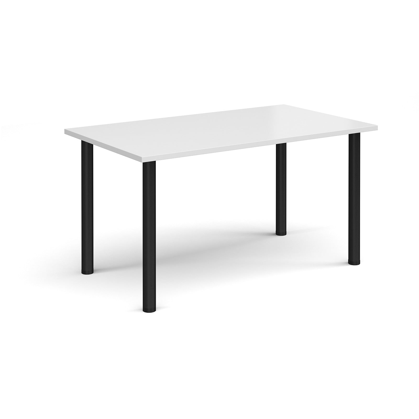 Rectangular table with white top and black legs on a white background