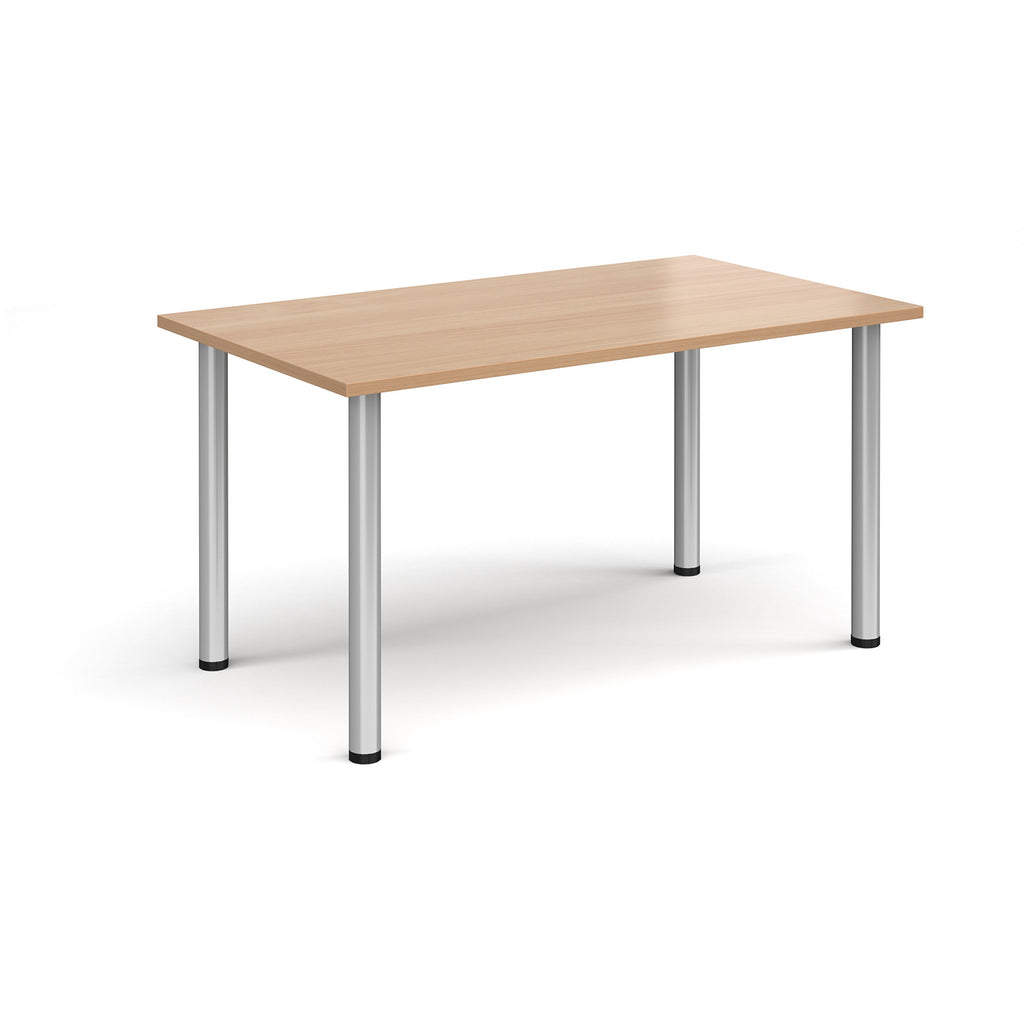 Rectangular table with wood-effect top and silver legs on a white background